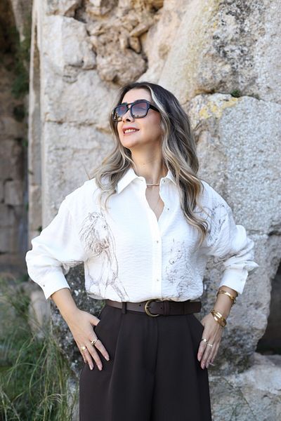 bytugcekaya Ecru Horse Figured Shiny Fabric Shirt