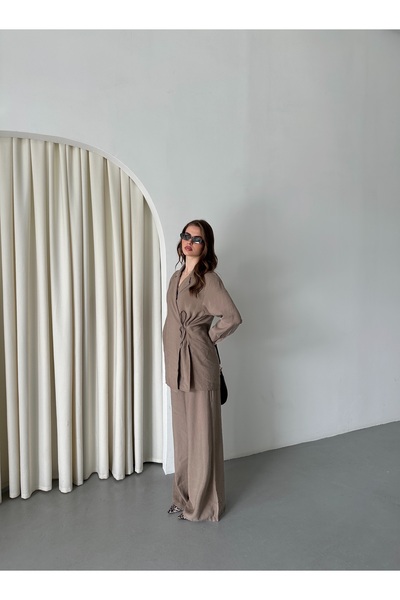 Laluvia Dark Beige Collar Detailed Tie Kimono Set - 8459