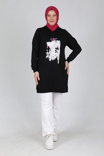 Moda Rosa 24K2033 - BLACK - Large Size Hijab Gilding Printed Sports Tunic