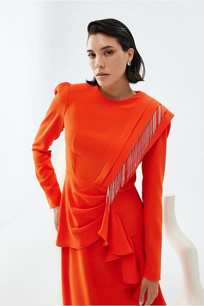 Moda Rosa 24Y9255 - ORANGE - PUANE DROP STONE EVENING DRESS