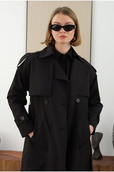 HEQA Long Classic Trench Coat - Black