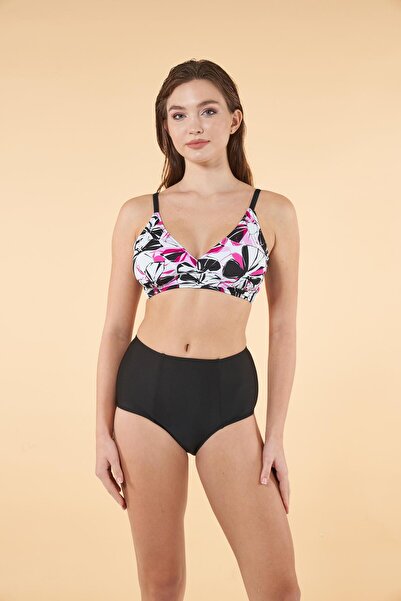 Estiva Yüksek Bel Kruvaze Çiçek Desenli Bikini Takımı - Siyah