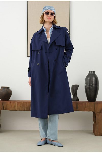 HEQA Long Classic Trench Coat, Midnight Blue