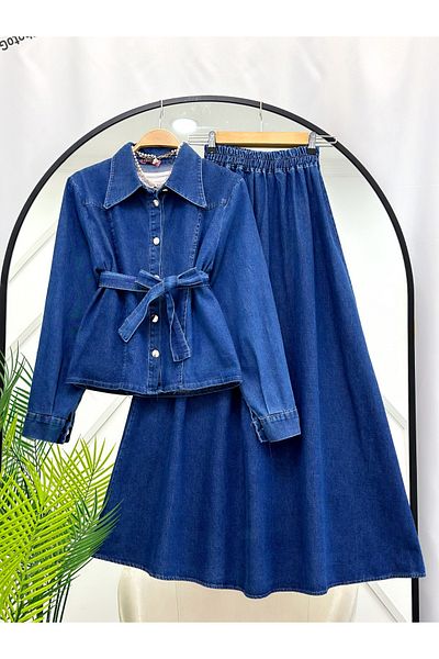 YEDİLALE Shirt Collar Denim Jacket Skirt Double Set [Aged]