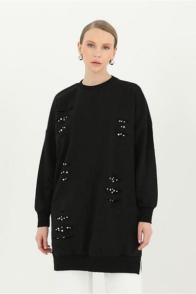 Moda Rosa 24Y4349 Black Polka Dot Style Stone Detailed Sweatshirt