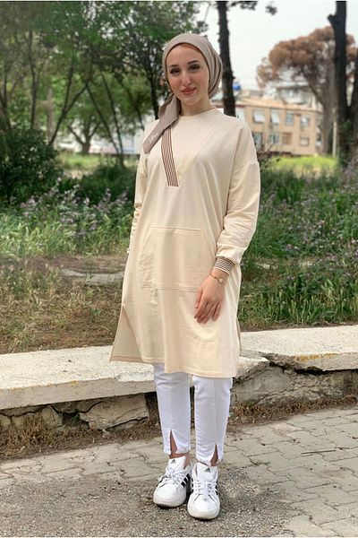 Moda Rosa 24Y4316 Beige V Detailed Pocket Tunic