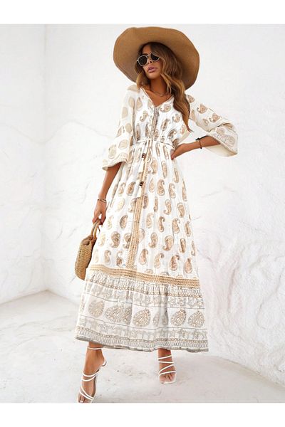 FASHION COCKTAIL Ύφασμα βισκόζης - Λεπτή λωρίδα γκλίτερ, φούντες, μακρύ καλοκαιρινό φόρεμα Bohemian Butterfly Cut