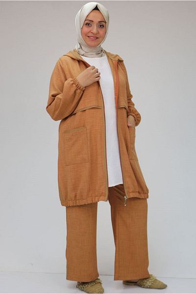 Moda Rosa 24y47050 - طقم مقاس كبير بني حليبي - بنطلون بتفاصيل الأنابيب