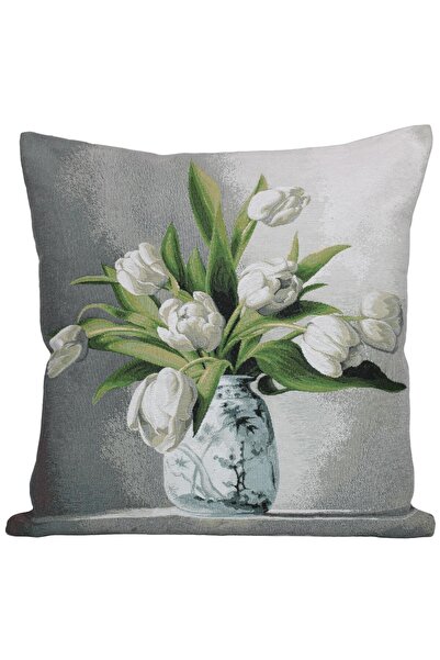 Believe Tapiserie decorativă din jacquard elegant, lalele albe în vas, pernă ...