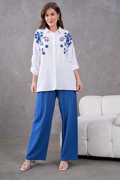 MVStore Women's Floral Print Embroidery Embroidered Linen Oversize Shirt and Pants