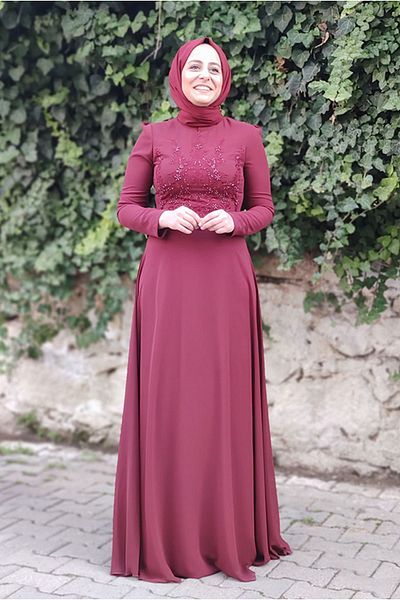 Moda Rosa 8002 - Burgundy - Paneled Lace Evening Dress
