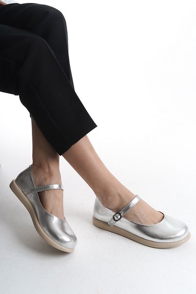GNS Shoes Ischia Genuine Leather Silver Skin Single-Strap Women's Flats