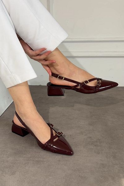 MUFUMA Women's Burgundy Patent Leather Pointed Toe Low Heeled Shoes