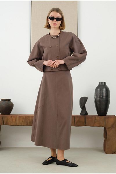 HEQA Cotton Double Breasted Jacket - Dusty Brown