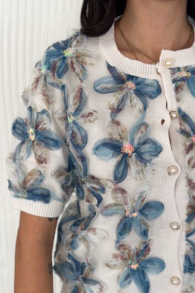 FEMELLE Cardigan de damă, albastru, mărime standard, cu nasturi perlat, brodat cu flori din tul, 100% bumbac
