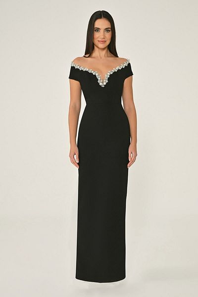 ALFABETA Alfa Beta Women's Off Shoulder Collar Accessory Crepe Long Dress Evening Dress