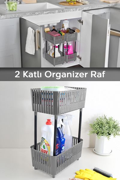 Meleni Home Organizator cu 2 niveluri, bucătărie, baie, raft - sub blat, sub chiuvetă, dulap, suport pentru detergent, gri