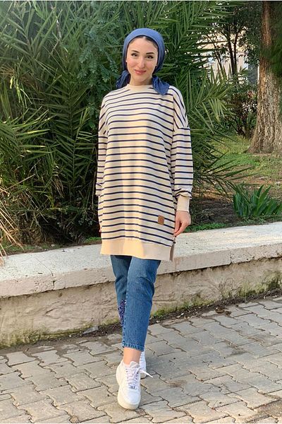 Moda Rosa 24k4197 - Navy/beige - Striped Low Sleeve Sweat