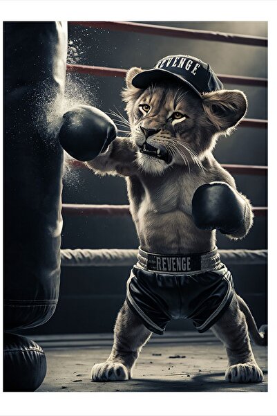 karizmart Kum Torbasında Çalışan Yavru Aslan Modern Ahşap Tablo 35cm X50cm