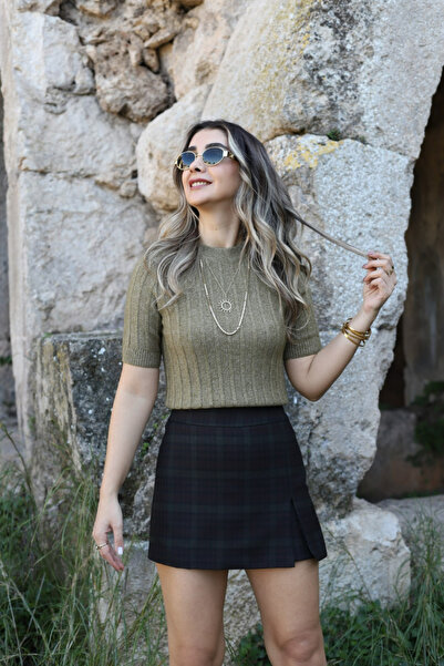 bytugcekaya Haki Arkası Şortlu Ekose Kamuflaj Etek