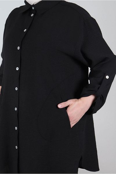 Moda Rosa 24Y2331 - BLACK - Large Size Hijab Linen Look Oversize Tunic