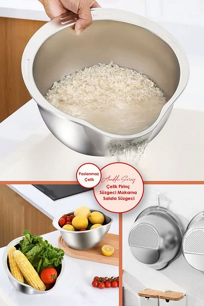 Anadolu Saray Stainless Steel Rice Strainer Pasta Salad Strainer Stainless Steel Strainer Metal Strainer