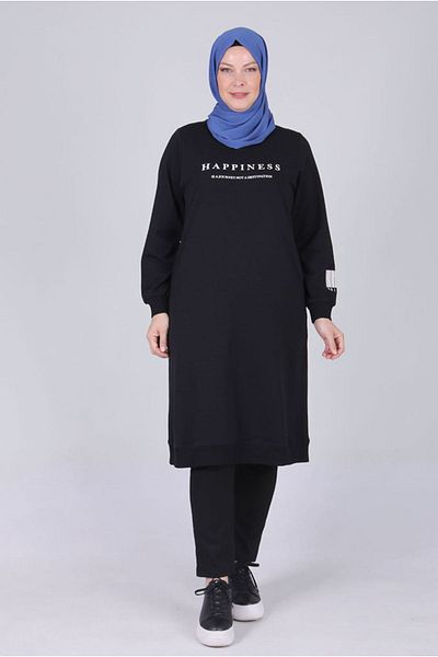 Moda Rosa 25K2046 - Black Large Size Hijab Two Thread Tunic