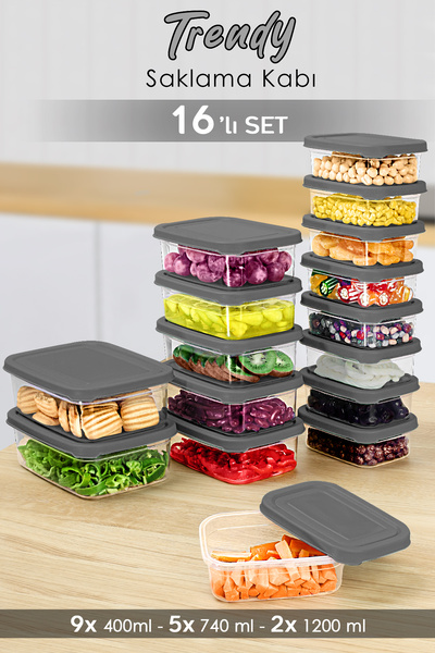 Meleni Home Gray Microwave Suitable 16-Piece Rectangular Food Container Set Organizer