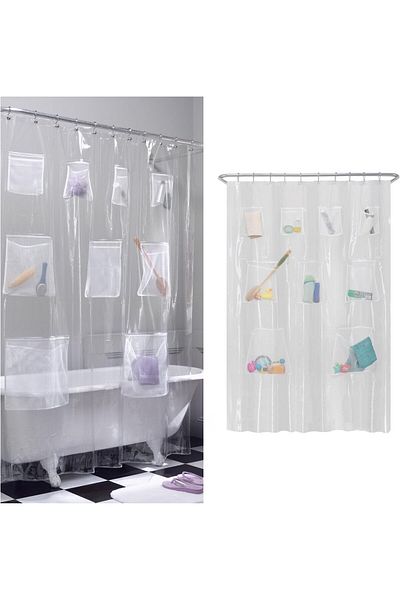 erorex Waterproof Peva Shower Curtain Or Shower Liner With 9 Mesh Storage Pockets 70 Inch X 72 Inch