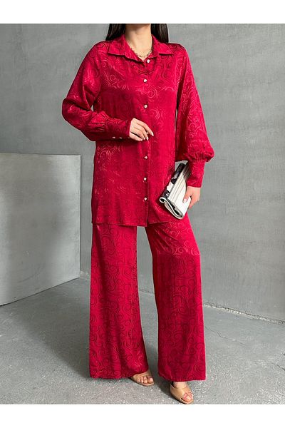MD trend Women's Patterned Oversize Balloon Sleeve Satin Shirt and Palazzo Pants Double Set