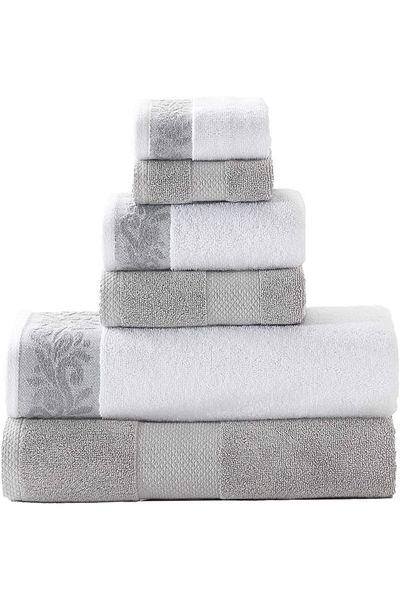 erorex 600 Gsm 6 Piece Towel Set With Filgree Jacquard Border Silver
