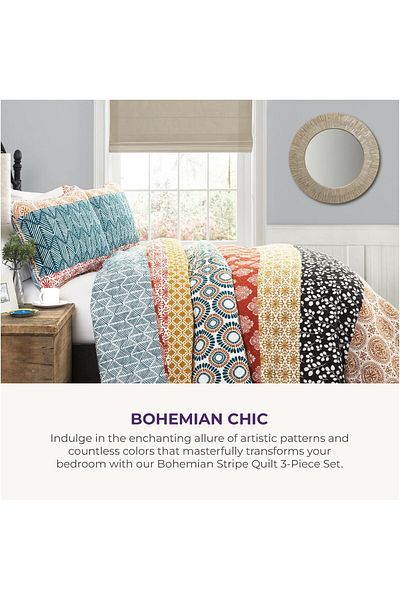erorex Bohemian Stripe Reversible Cotton Quilt Set 3 Piece Set King Turquoise And Orange Boho Bedding Set