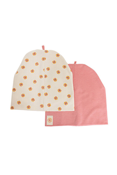 Little Plane Kız Bebek 2li Örme Bere İnterlok Çiçek Desenli Gül Kurusu 1 Yaş