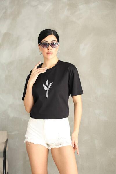 Moda Banuş Stone Leaf Patterned Cotton Stone Dangle T-Shirt