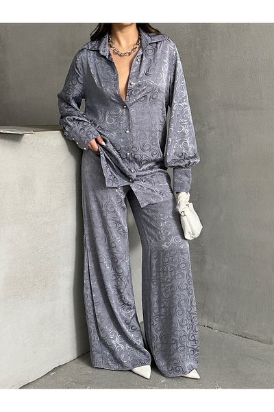 MD trend Women's Patterned Oversize Balloon Sleeve Satin Shirt and Palazzo Pants Double Set