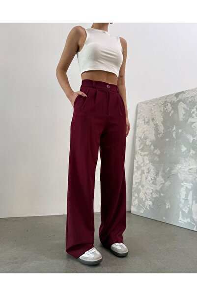 RAWEA FASHİON بنطلون بالازو من قماش دابيل مع ظهر مطاطي
