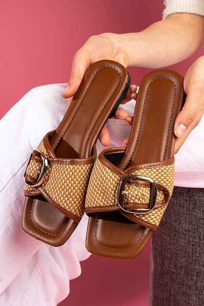 FUGA MODA Παντόφλες Ribas καρό μαύρισμα με ψάθινη ζώνη με χρυσή πόρπη