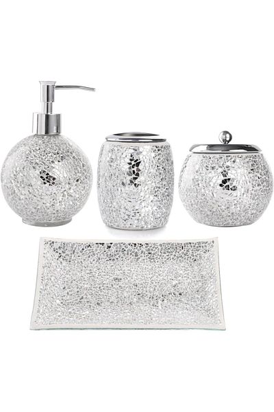erorex 4 Pieces Mosaic Glass Bathroom Accessories Set Soap Dispenser Tray Soap Dish Silver