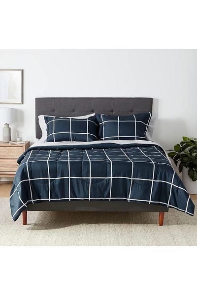 erorex Lightweight Microfiber 7 Piece Bed In A Bag Comforter Bedding Set Full Queen Navy With Simple Plaid