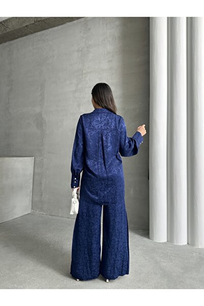 MD trend Жіночий комплект з сорочки з великими рукавами та брюк-палаццо з атласу з жіночним візерунком