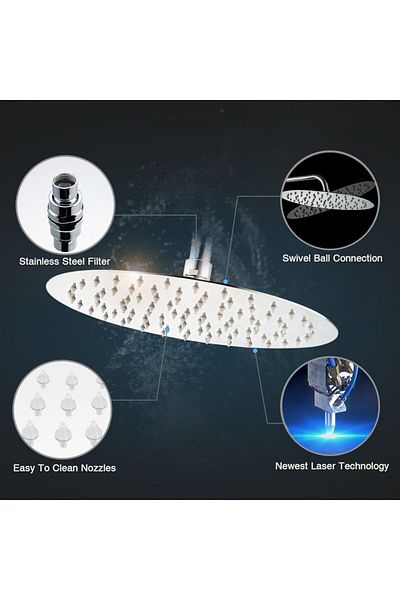 erorex Brushed 30Cm Solid Round Ultra Thin Rainfall Shower Head Brushed Stainless Steel