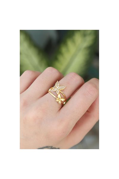 Skygo Brass Gold Color Adjustable Butterfly Ring with Zircon Stone - Tj-Byk3190