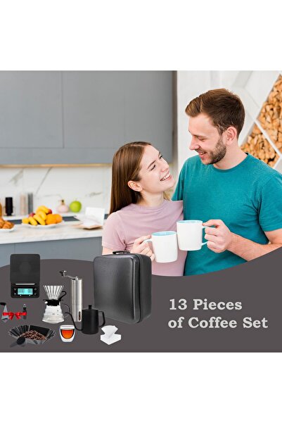 erorex 13-Pack V60 Coffee Maker Set Manual Grinder, Kettle, Coffee Scale Glass Drip Funnel -V60 Filter