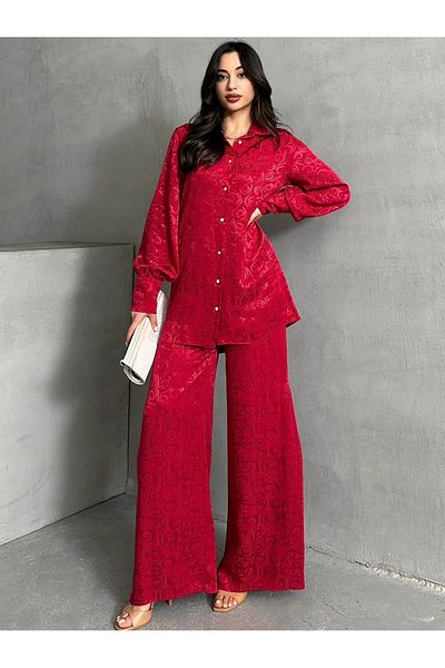 MD trend Women's Patterned Oversize Balloon Sleeve Satin Shirt and Palazzo Pants Double Set