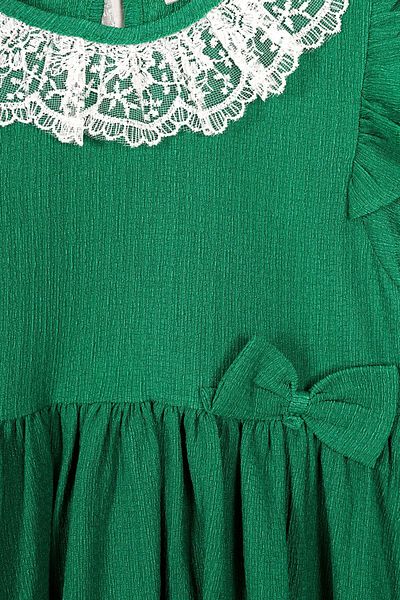 zepkids Square Collar Ruffle Sleeve Crew Neck Ribbon Detailed Lace Collar Dark Green Color Girl's Dress
