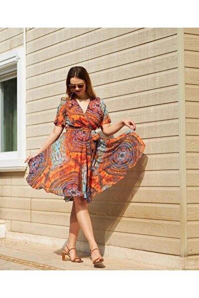 hedef giyim Şifon Astarlı Bel Bağcıklı Kruvaze Yaka Kısa Elbise