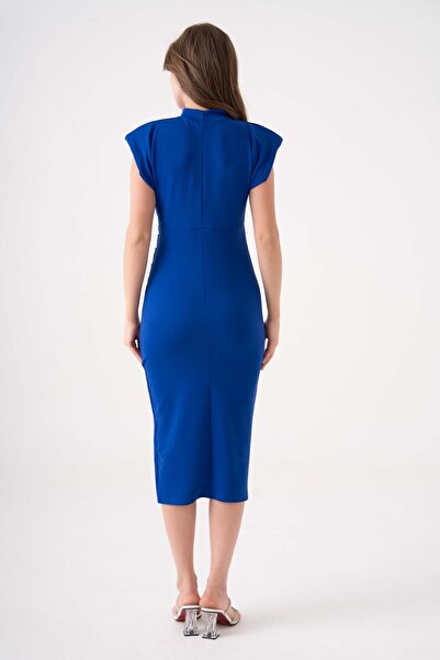 vuvutasarım New Season Crepe Fabric Stand Collar Stone Detailed Sleeveless Midi Evening Dress Graduation Dress 582934