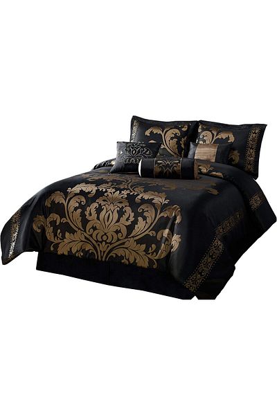 erorex 7 Piece Jacquard Floral Comforter Set Bed In A Bag Set King Black Gold