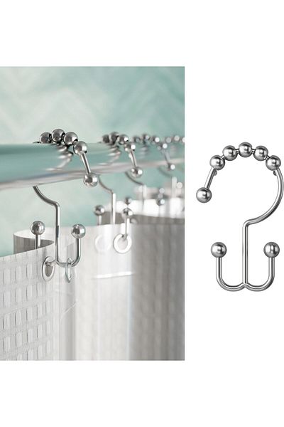 erorex Curtain Rings Rust Resistant Metal Double Roller Glide Hooks For Bathroom Shower Set Of 12 Brushed