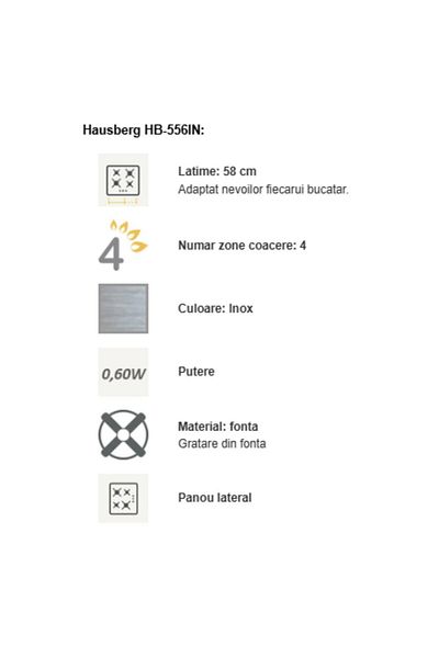 Hausberg Vestavná varná deska HB-556IN, Plynová, 4 hořáky, Bezpečnostní systém GAS, Litinový gril, Nerezová ocel